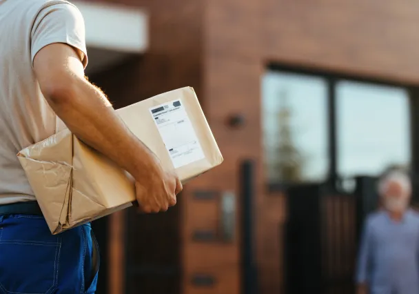livreur portant un colis en carton pour l'apporter au domicile d'une personne