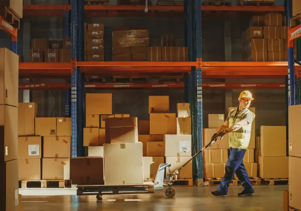 man with a helmet working in a warehouse 