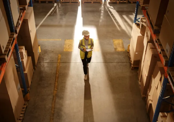 man with a safety helmet walking in a warehouse