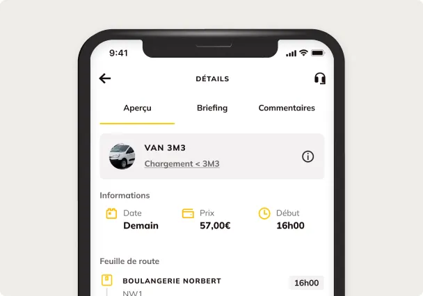 Le détail d'une mission en camionnette 3 m³ dans l'application Shippr