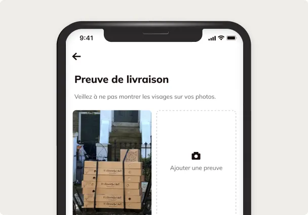 Het scherm Leveringsbewijs in de app, met de foto van de afgeleverde pakketten