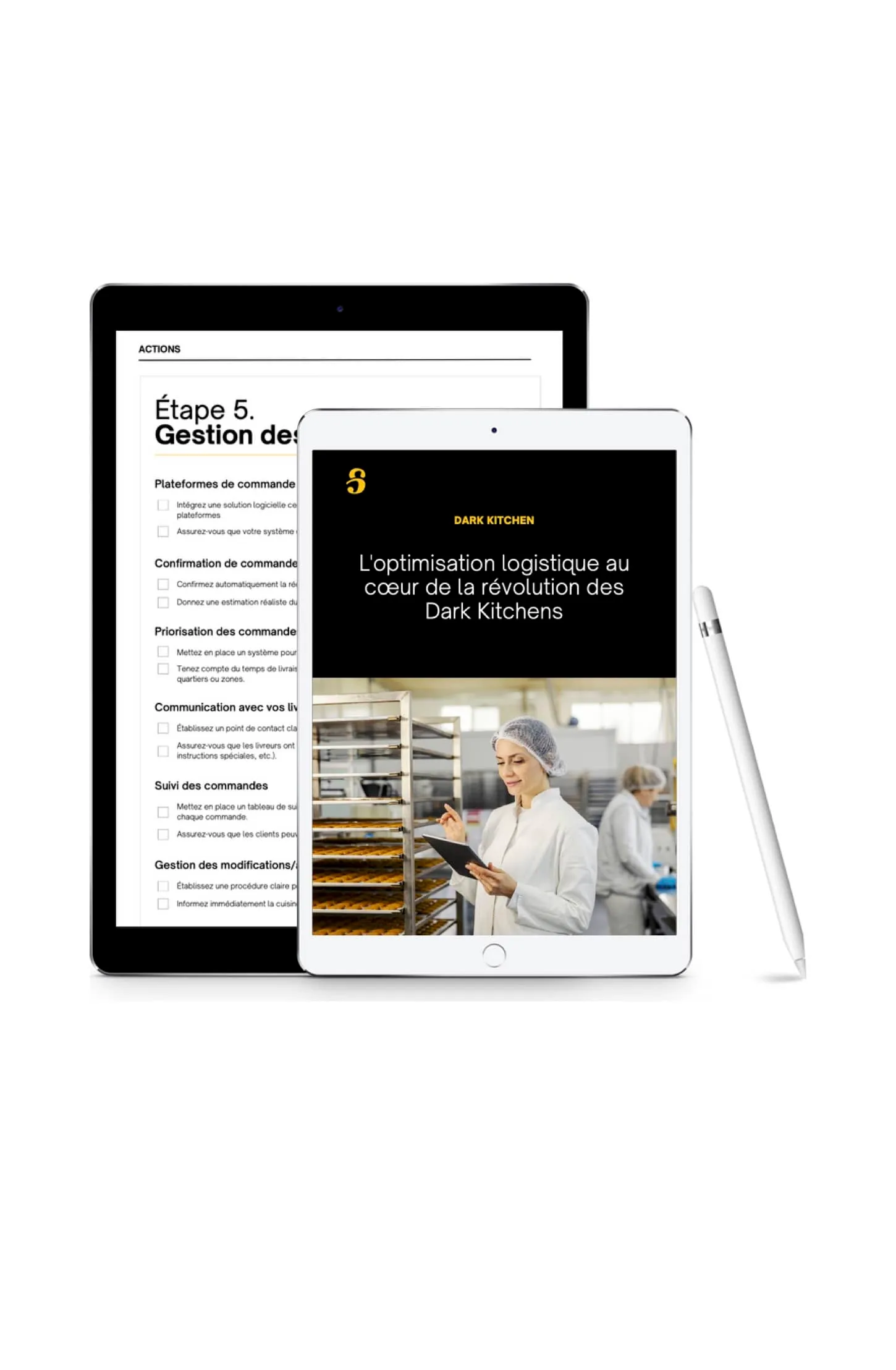 Le guide logistique dark kitchen de Shippr affiché sur deux tablettes : la couverture et une page intérieure