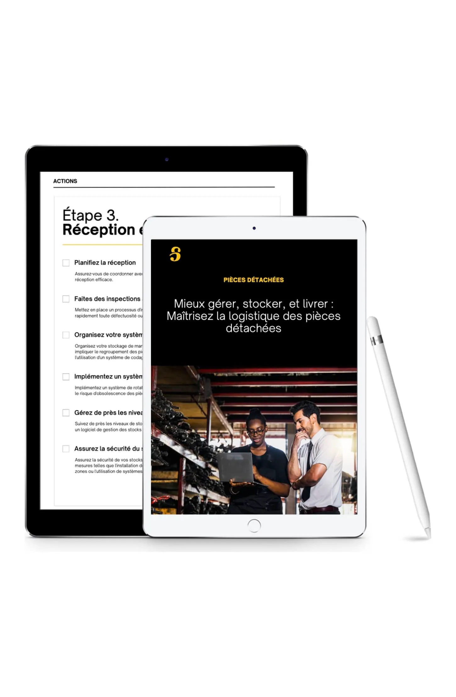 Le guide logistique des pièces détachées de Shippr affiché sur deux tablettes : la couverture et une page intérieure