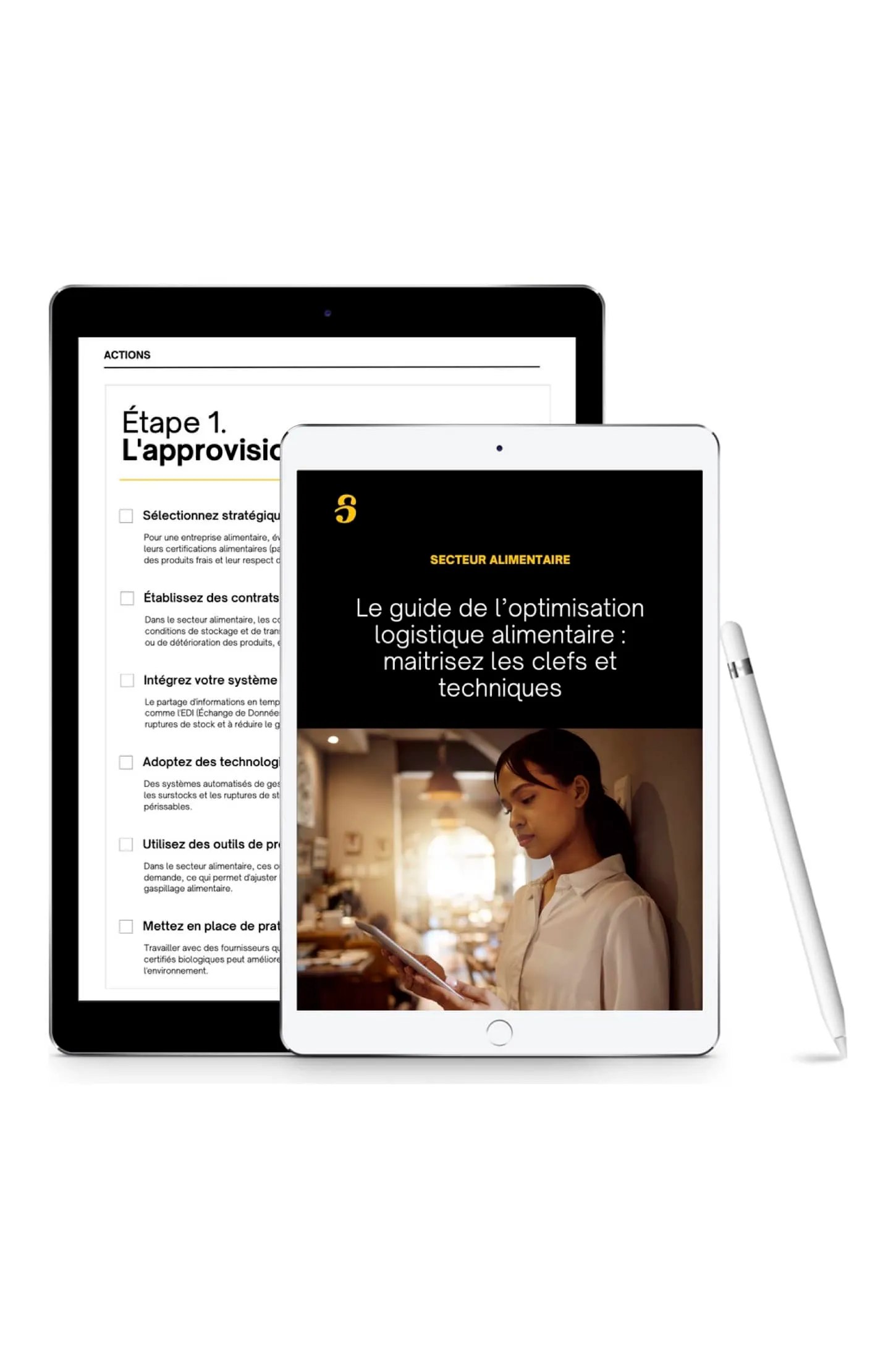 Le guide logistique du secteur alimentaire de Shippr affiché sur deux tablettes : la couverture et une page intérieure