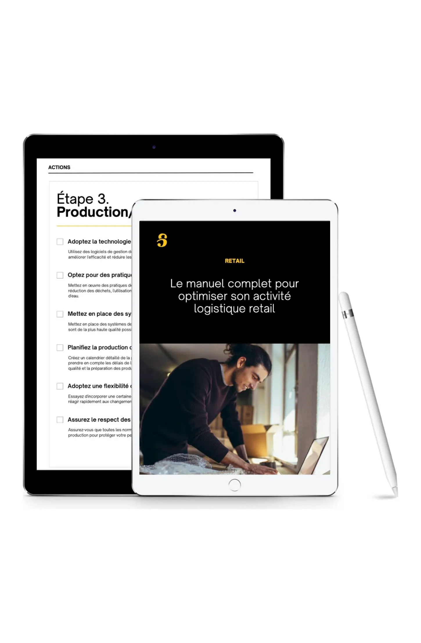 Le guide logistique retail de Shippr affiché sur deux tablettes : la couverture et une page intérieure
