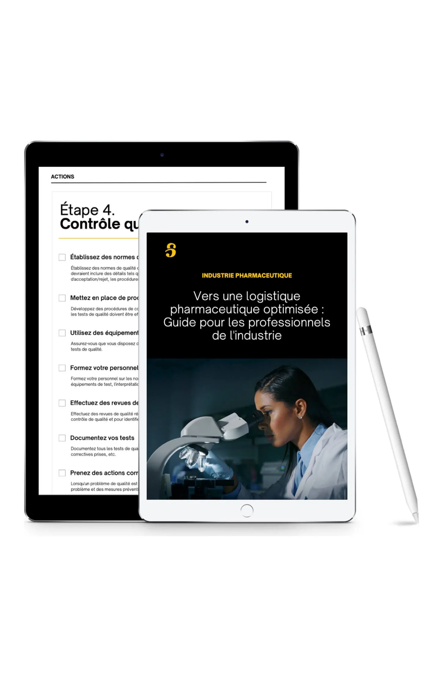 Le guide logistique pour l'industrie pharmaceutique de Shippr affiché sur deux tablettes : la couverture et une page intérieure