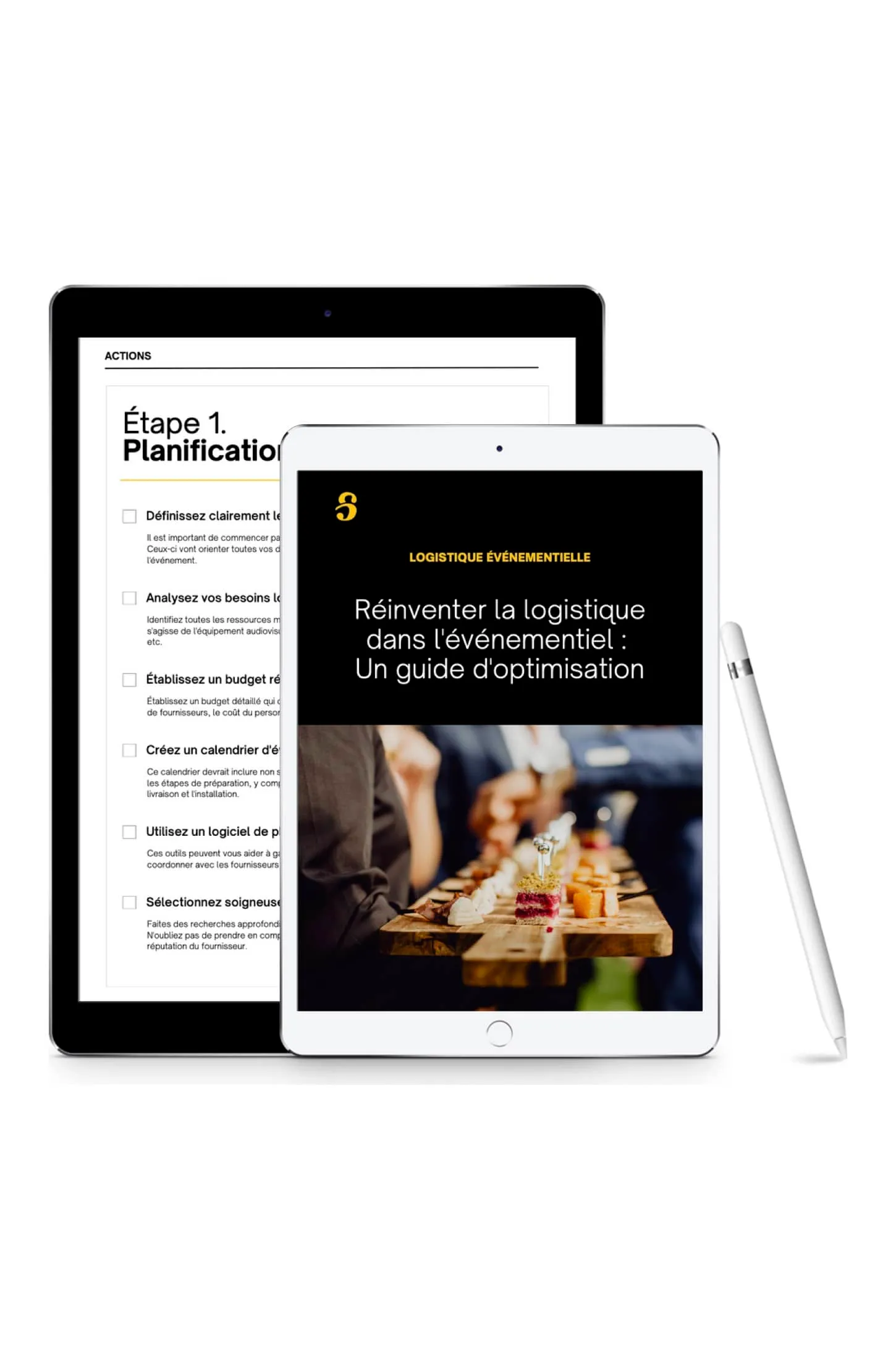 Le guide logistique de l'événementiel de Shippr affiché sur deux tablettes : la couverture et une page intérieure