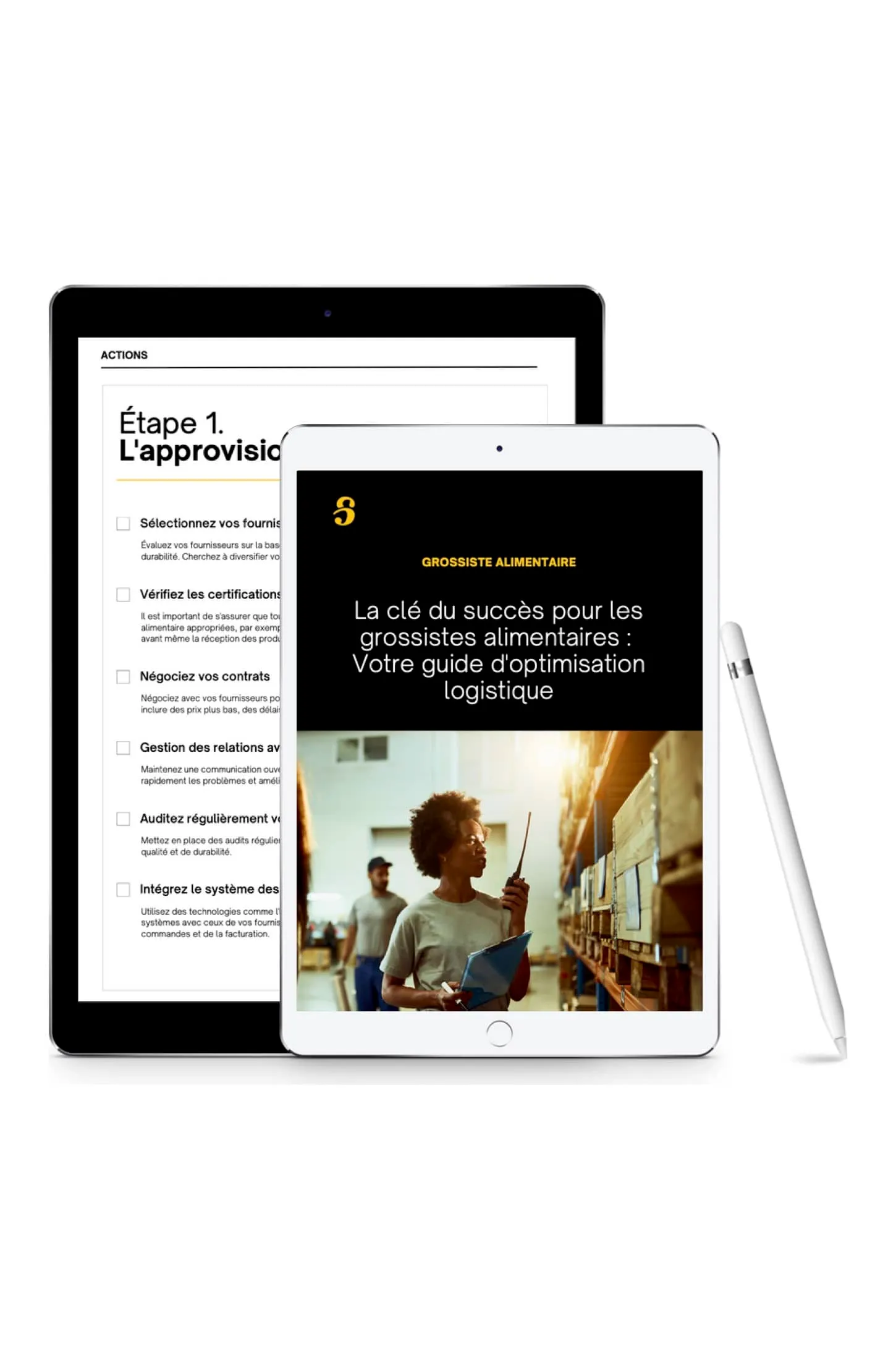 Le guide logistique pour grossistes alimentaires de Shippr affiché sur deux tablettes : la couverture et une page intérieure