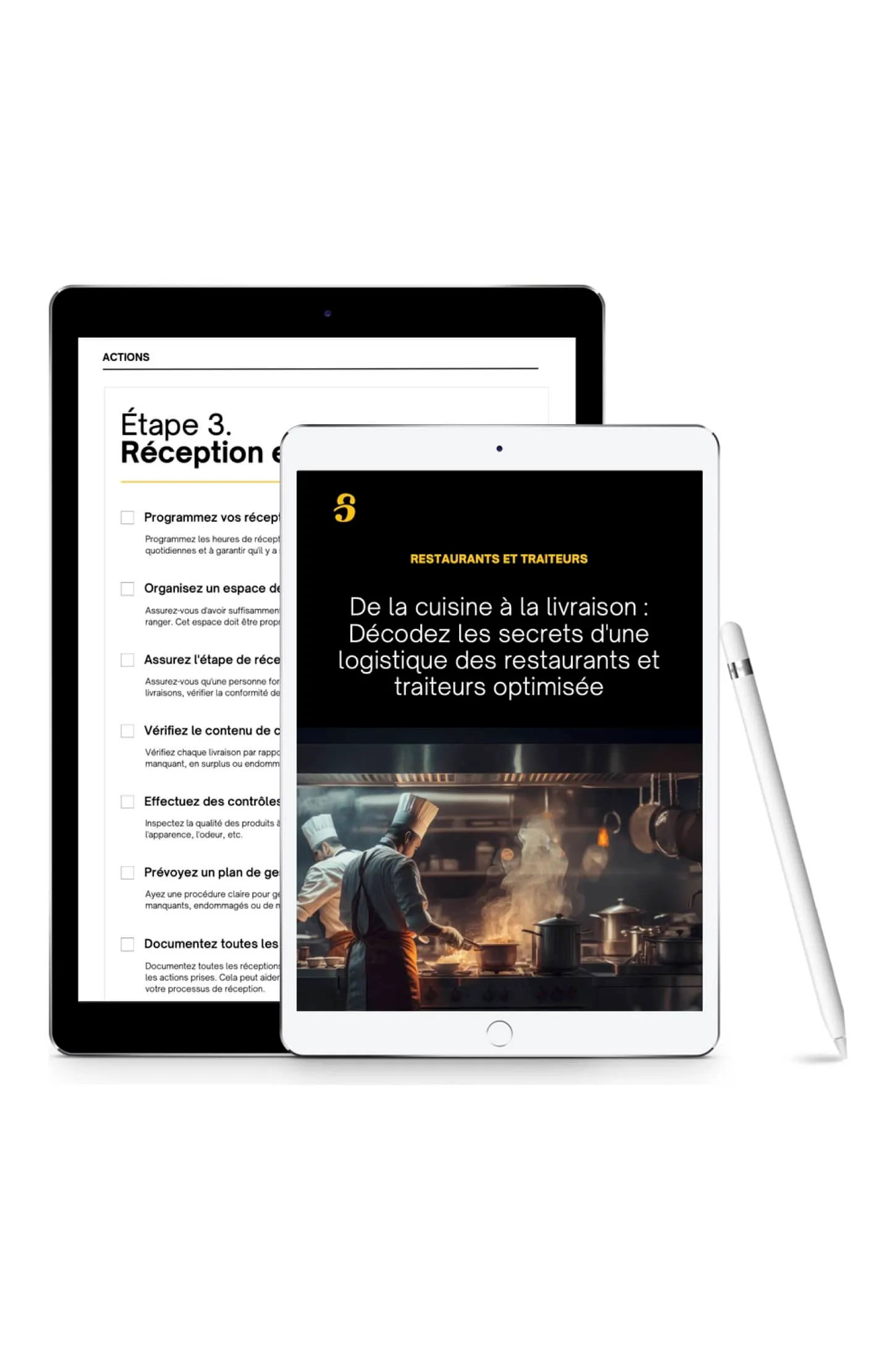 Le guide logistique pour restaurants et traiteurs de Shippr affiché sur deux tablettes : la couverture et une page intérieure