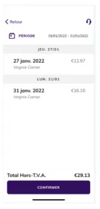 Le détail de la facture : deux livraisons, les 27 et 31 janvier 2022, à 12,97 € et 16,16 €, pour un total hors TVA de 29,13 €, au-dessus du bouton Confirmer