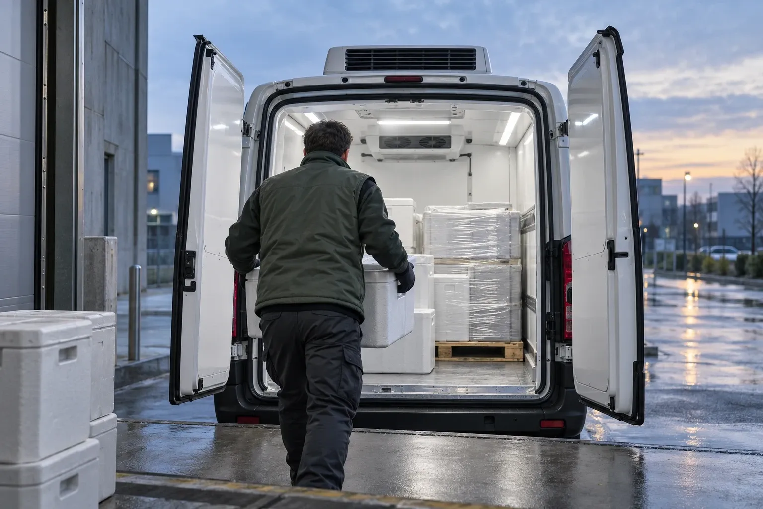 Un chauffeur de dos charge une caisse isotherme dans un utilitaire frigorifique, portes arrière ouvertes, au petit matin