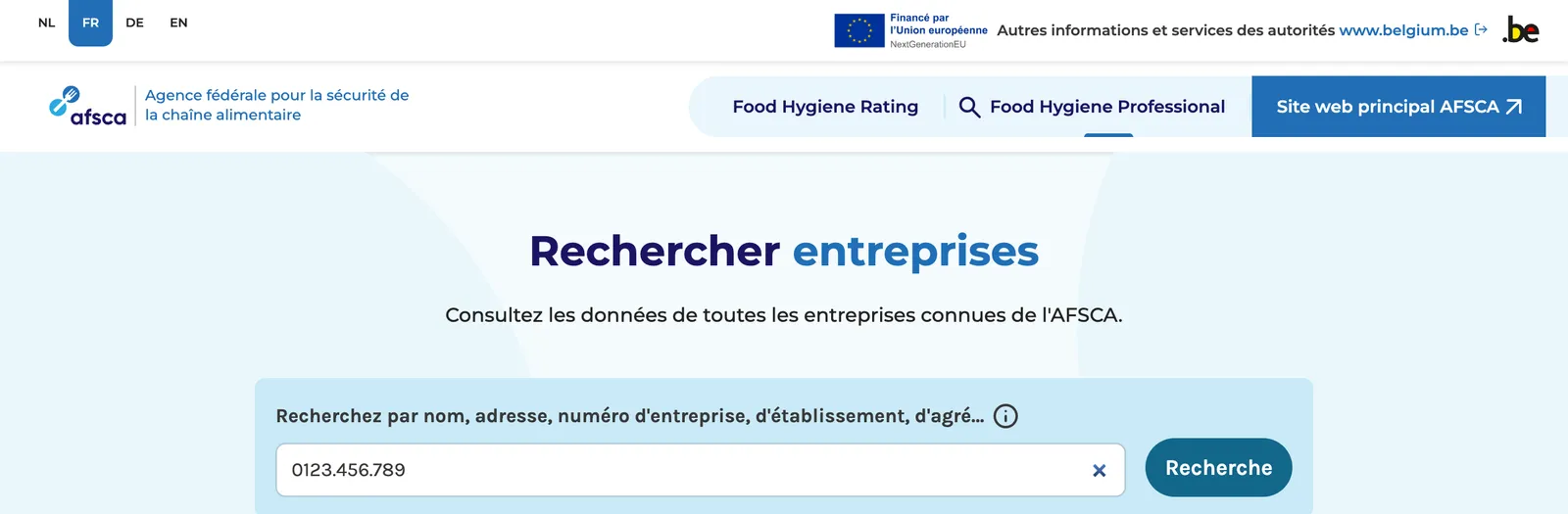La recherche Food Hygiene Professional sur le site de l’AFSCA, avec un numéro d’entreprise dans le champ de recherche