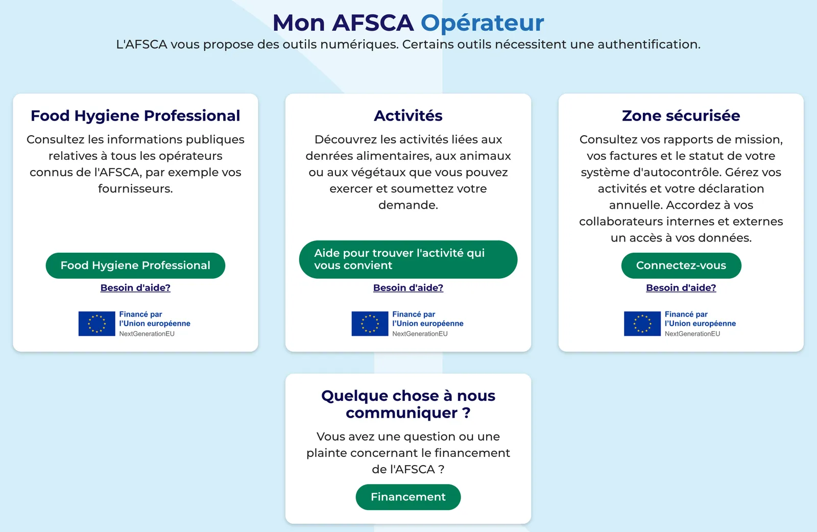 La page Mon AFSCA Opérateur et ses cartes Food Hygiene Professional, Activités et Zone sécurisée