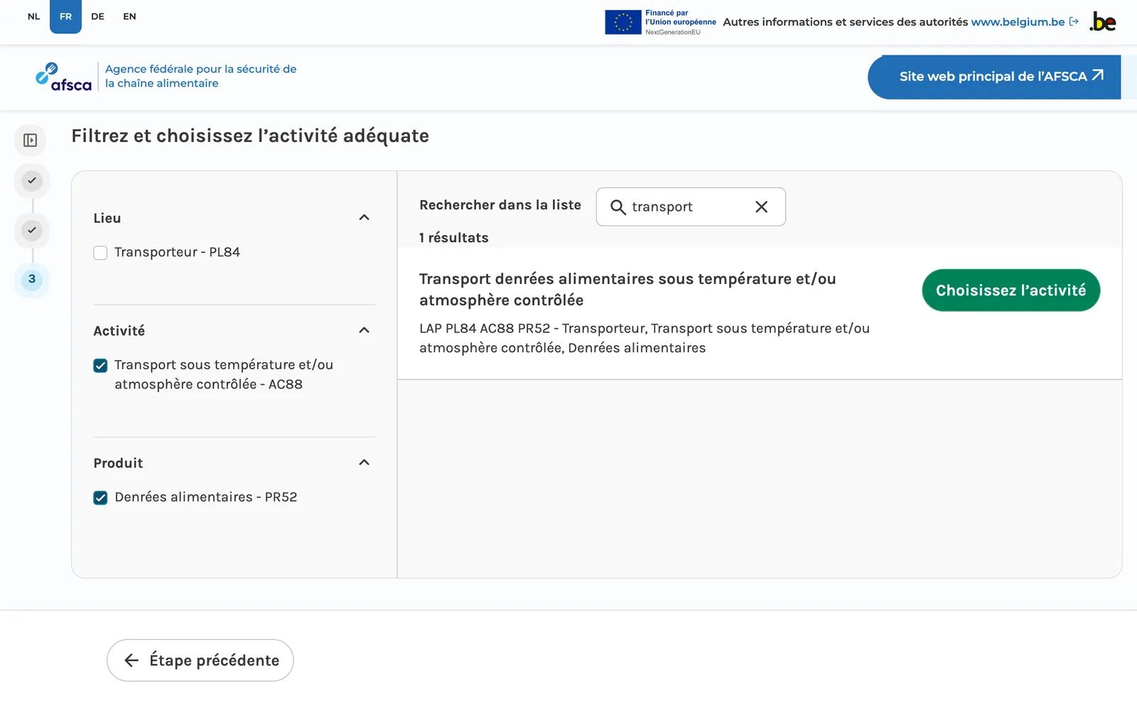 L’outil de recherche d’activité de l’AFSCA, filtré sur le transport sous température contrôlée et les denrées alimentaires : un seul résultat