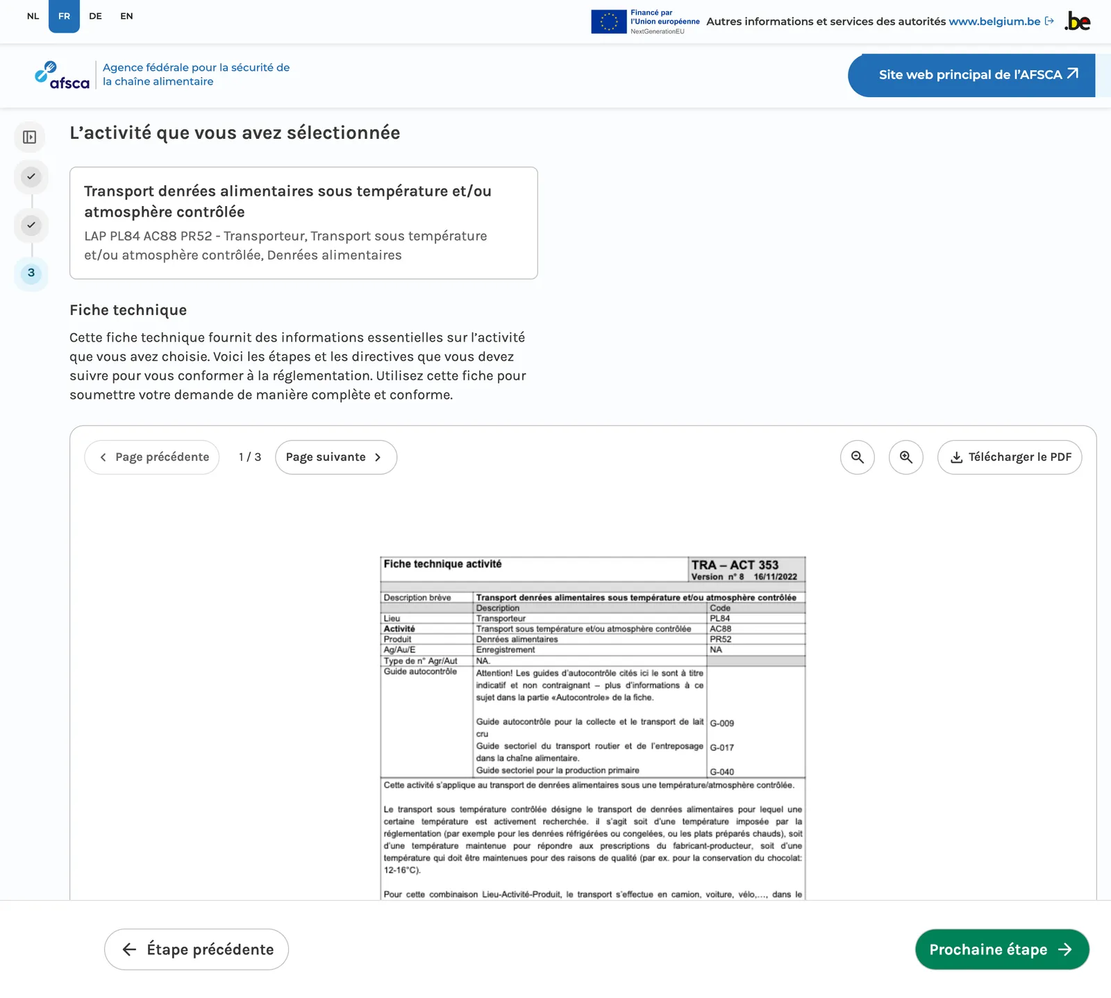 La fiche technique TRA – ACT 353 affichée dans l’outil de l’AFSCA, avec le bouton Télécharger le PDF