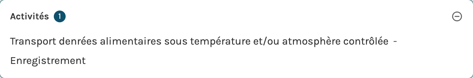 La section Activités d’une fiche AFSCA, qui affiche l’activité de transport sous température contrôlée