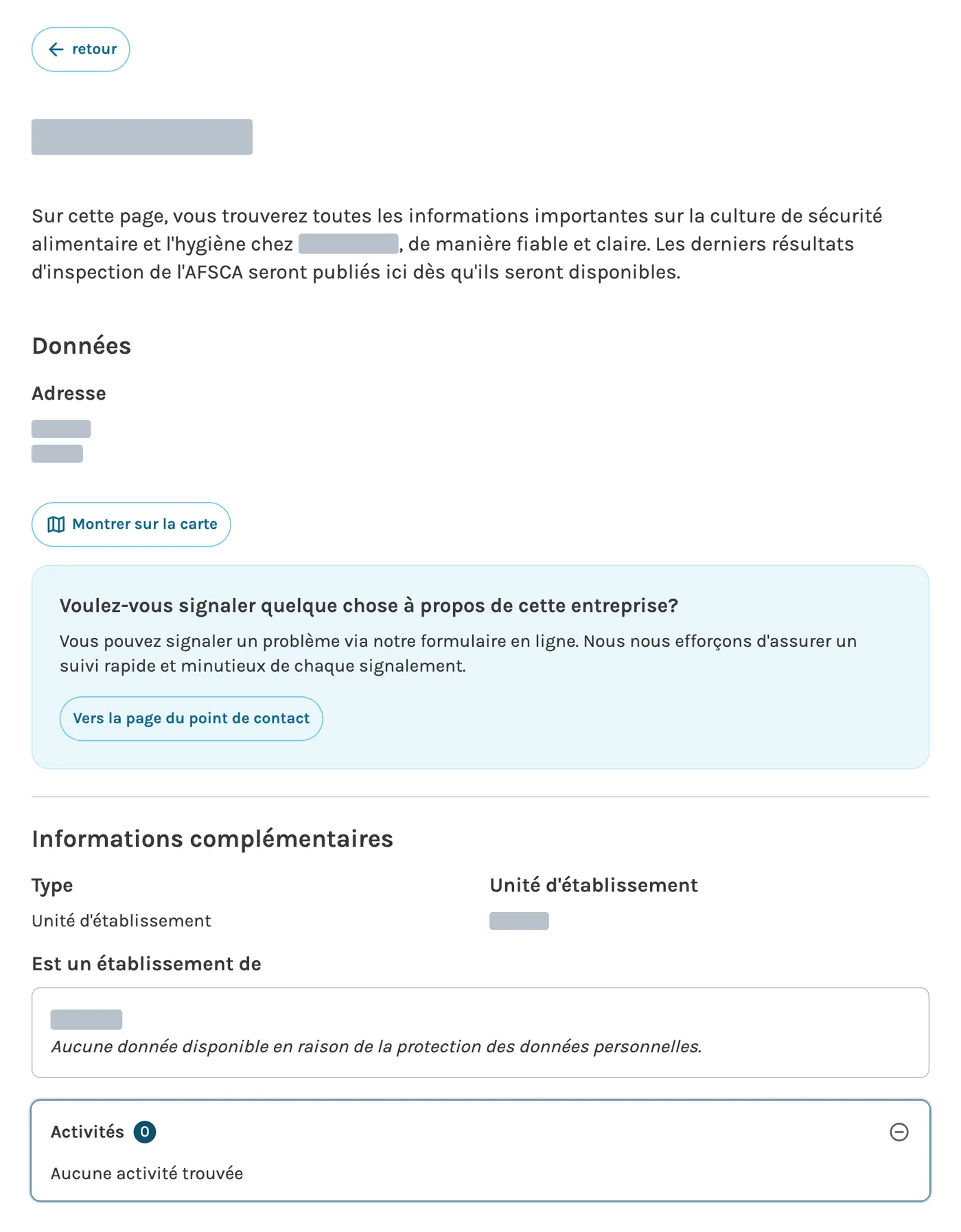 Une fiche AFSCA dont le nom et l’adresse sont masqués, avec une section Activités qui indique « Aucune activité trouvée »