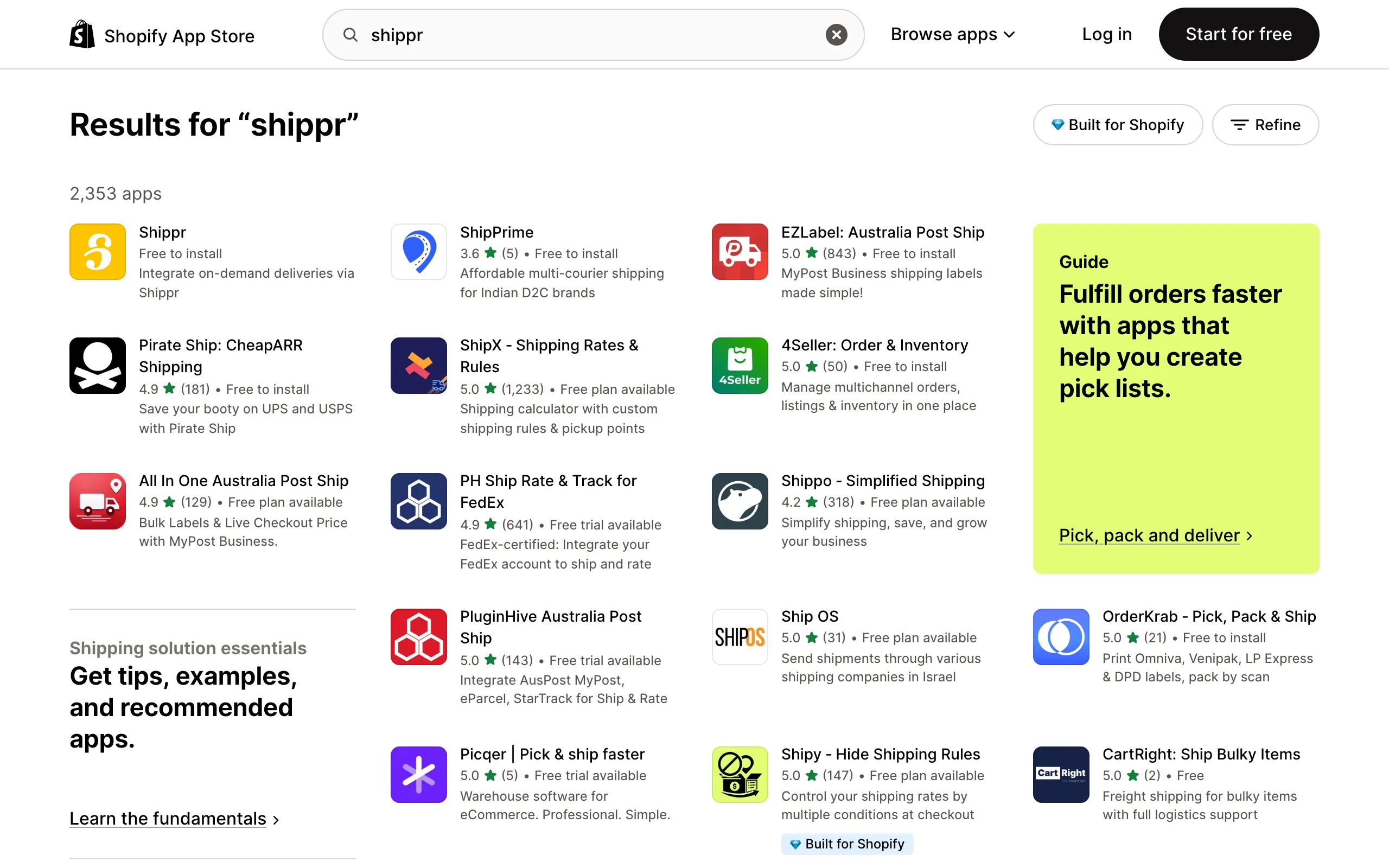 The Shopify App Store, with “shippr” typed into the search bar.