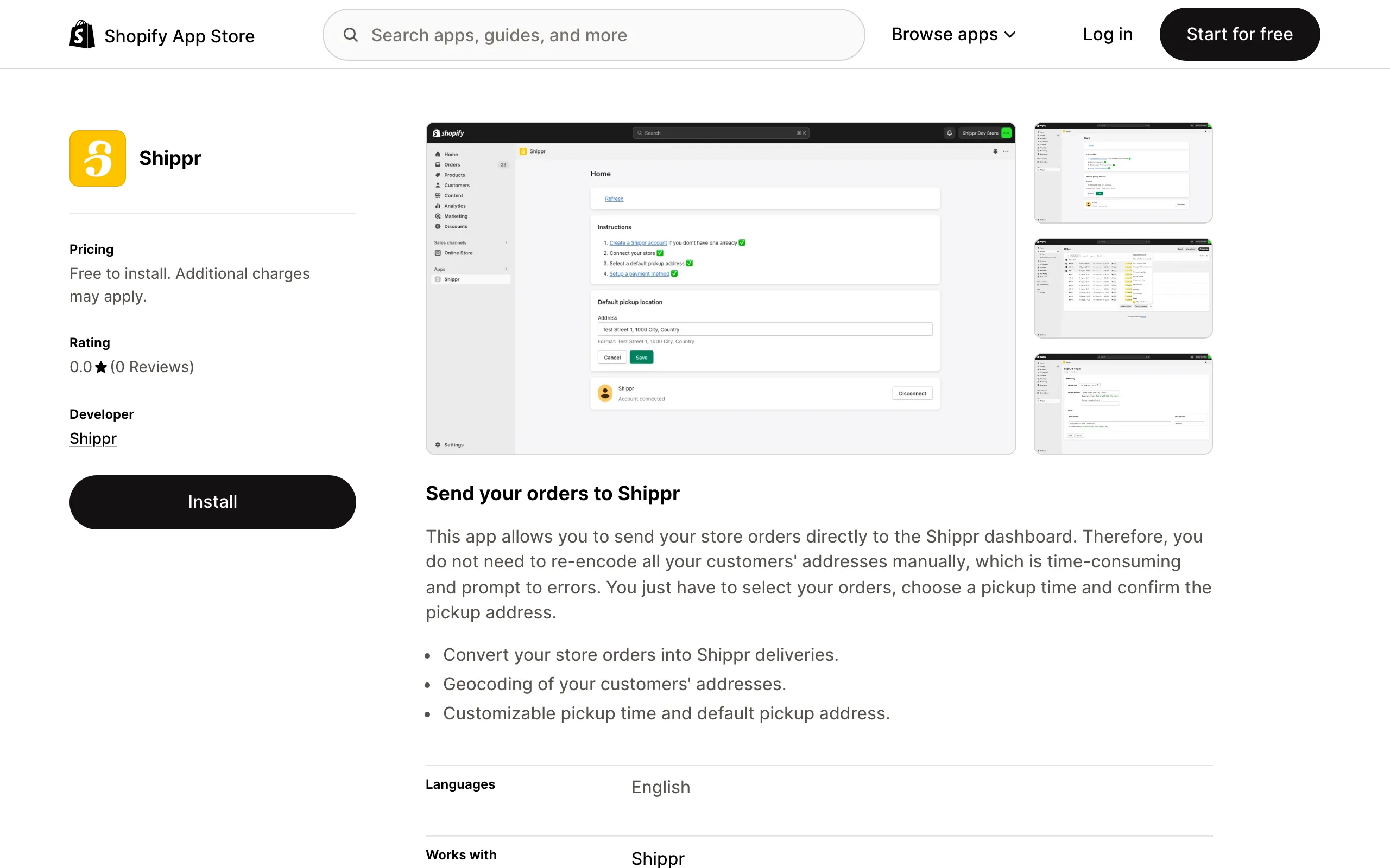 The Shippr app listing on the Shopify App Store, with the “Install” button.
