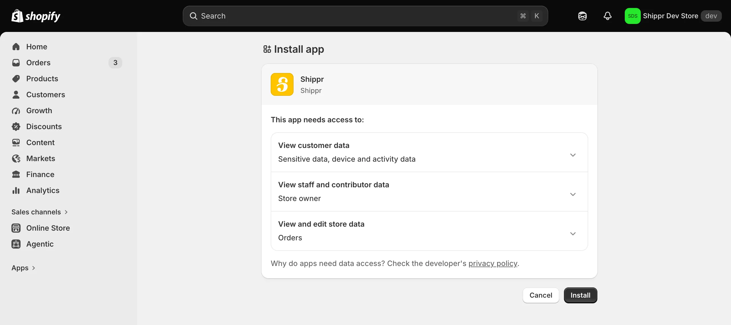The permissions the Shippr app asks for before it is installed.