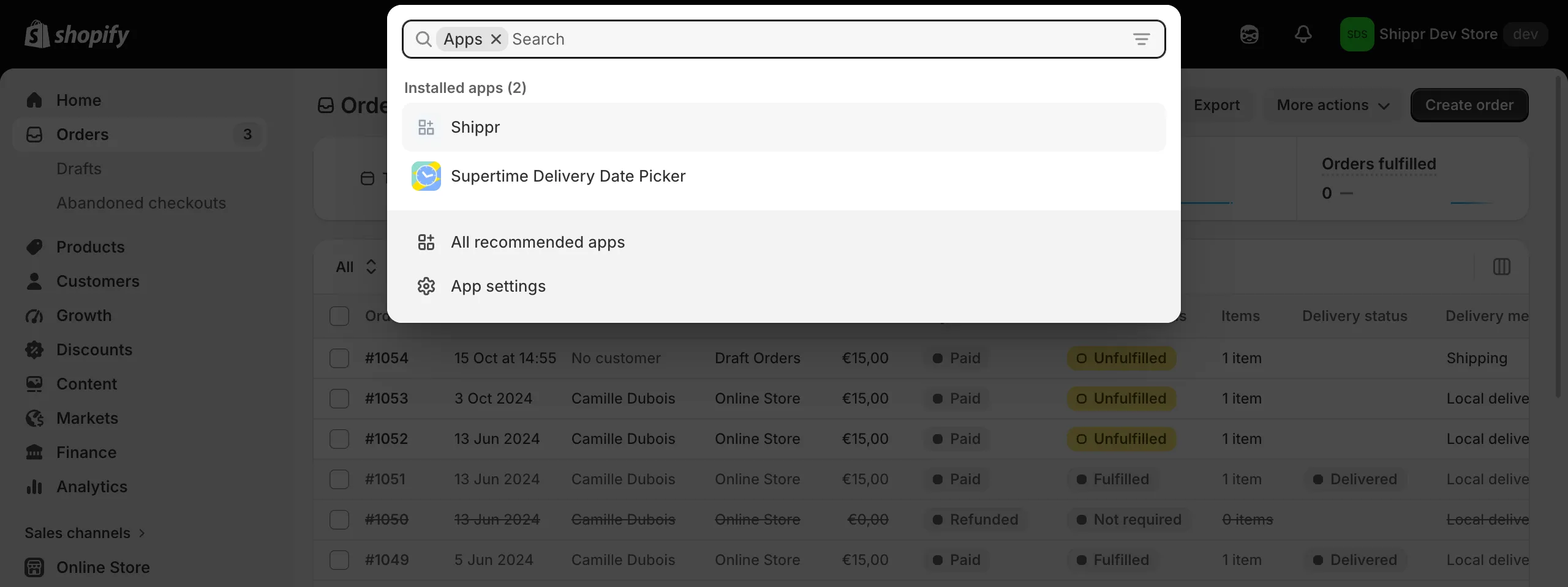The list of installed apps in the Shopify admin, with Shippr in it.