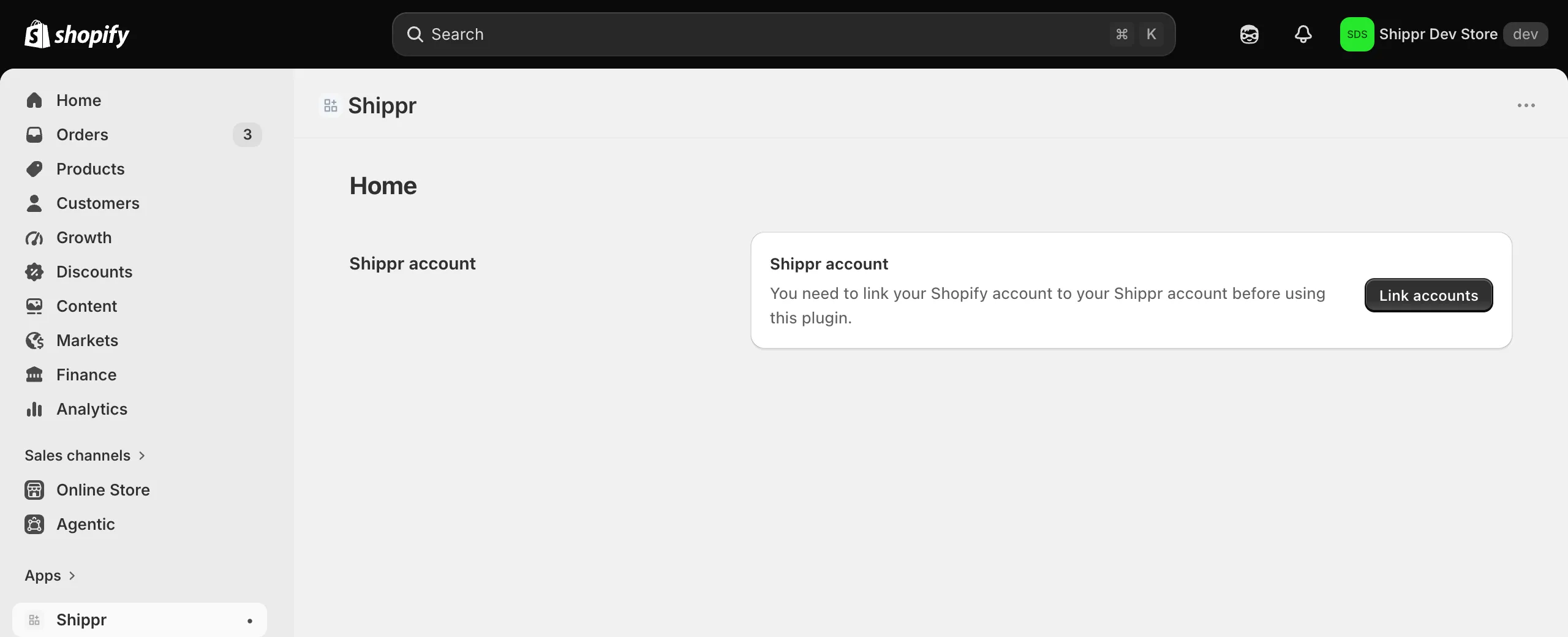 The Shippr app home in the Shopify admin, with the “Link accounts” button.