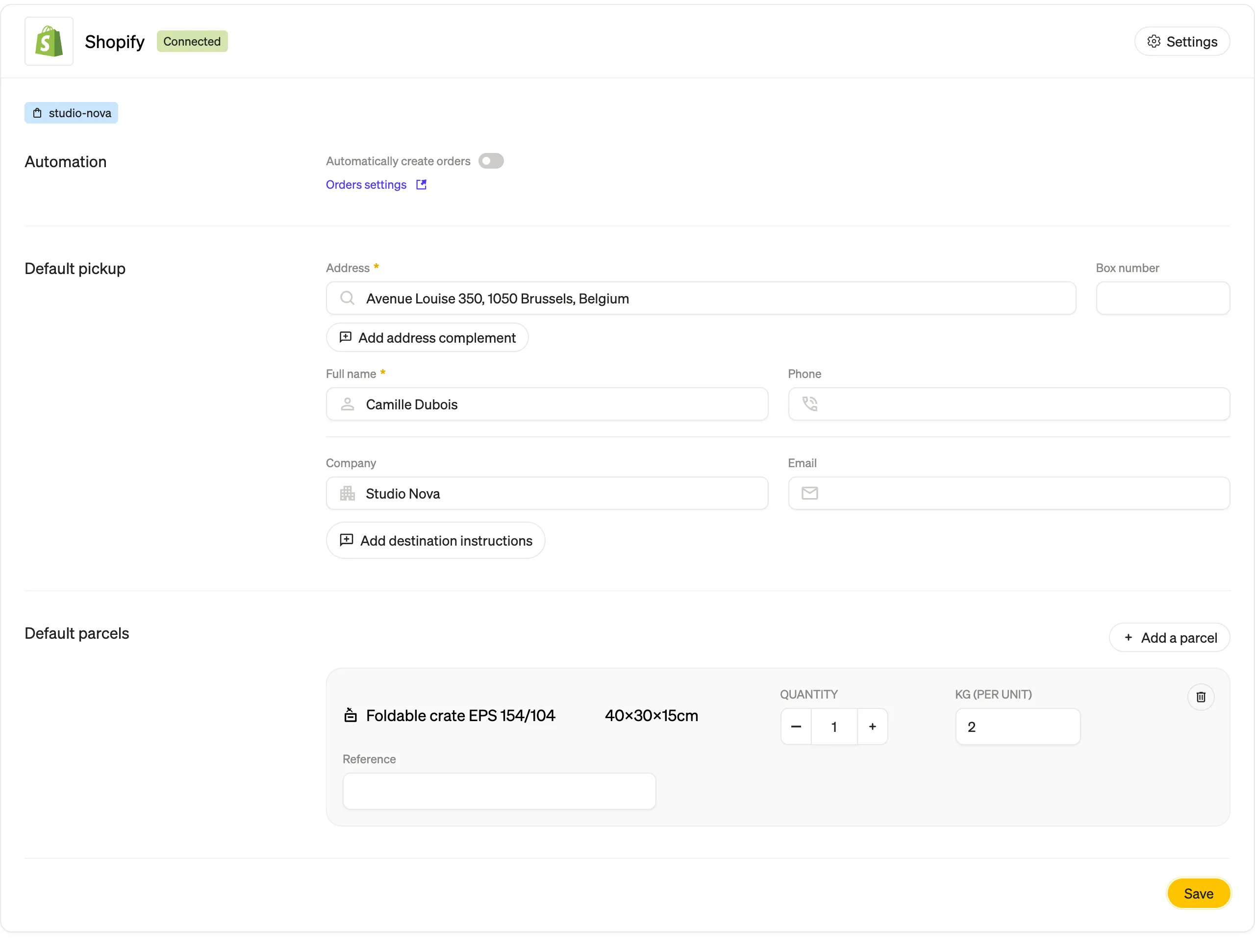The Shopify settings in the Shippr dashboard: automation, default pickup address and default parcels.
