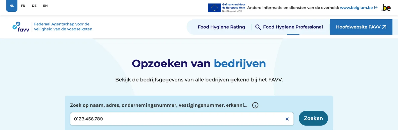 De zoektool Food Hygiene Professional op de website van het FAVV, met een ondernemingsnummer in het zoekveld