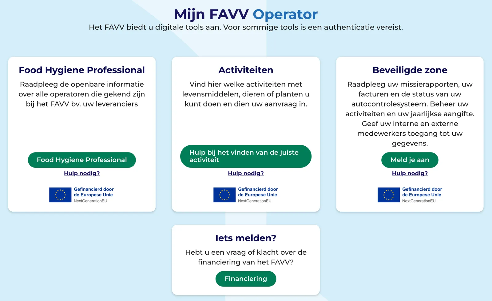 De pagina Mijn FAVV Operator met de kaarten Food Hygiene Professional, Activiteiten en Beveiligde zone