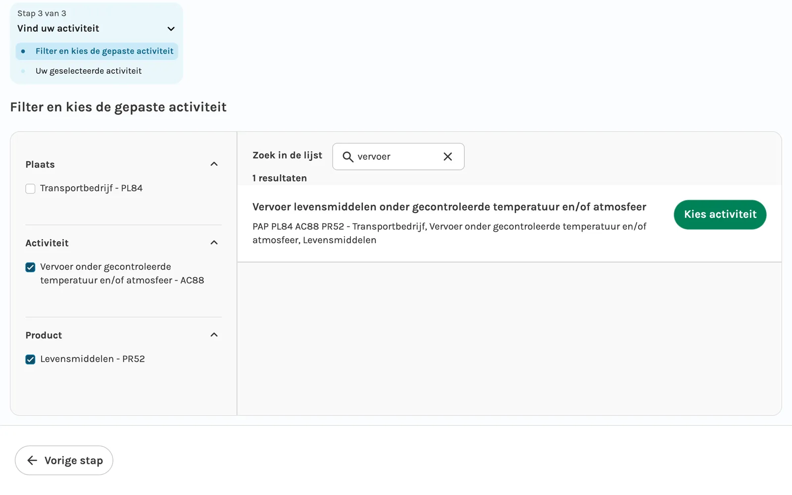 De zoektool voor activiteiten van het FAVV, gefilterd op vervoer onder gecontroleerde temperatuur en levensmiddelen: één resultaat