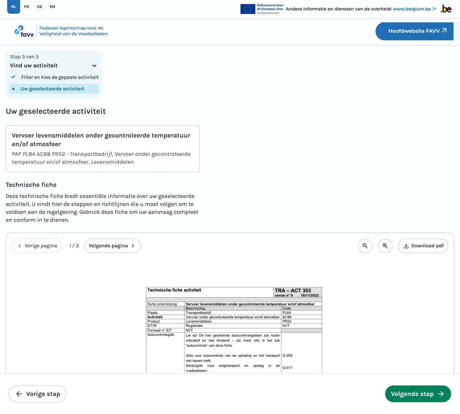 De technische fiche TRA – ACT 353 in de tool van het FAVV, met de knop Download pdf