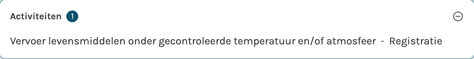 Het onderdeel Activiteiten van een FAVV-fiche, met de activiteit vervoer onder gecontroleerde temperatuur