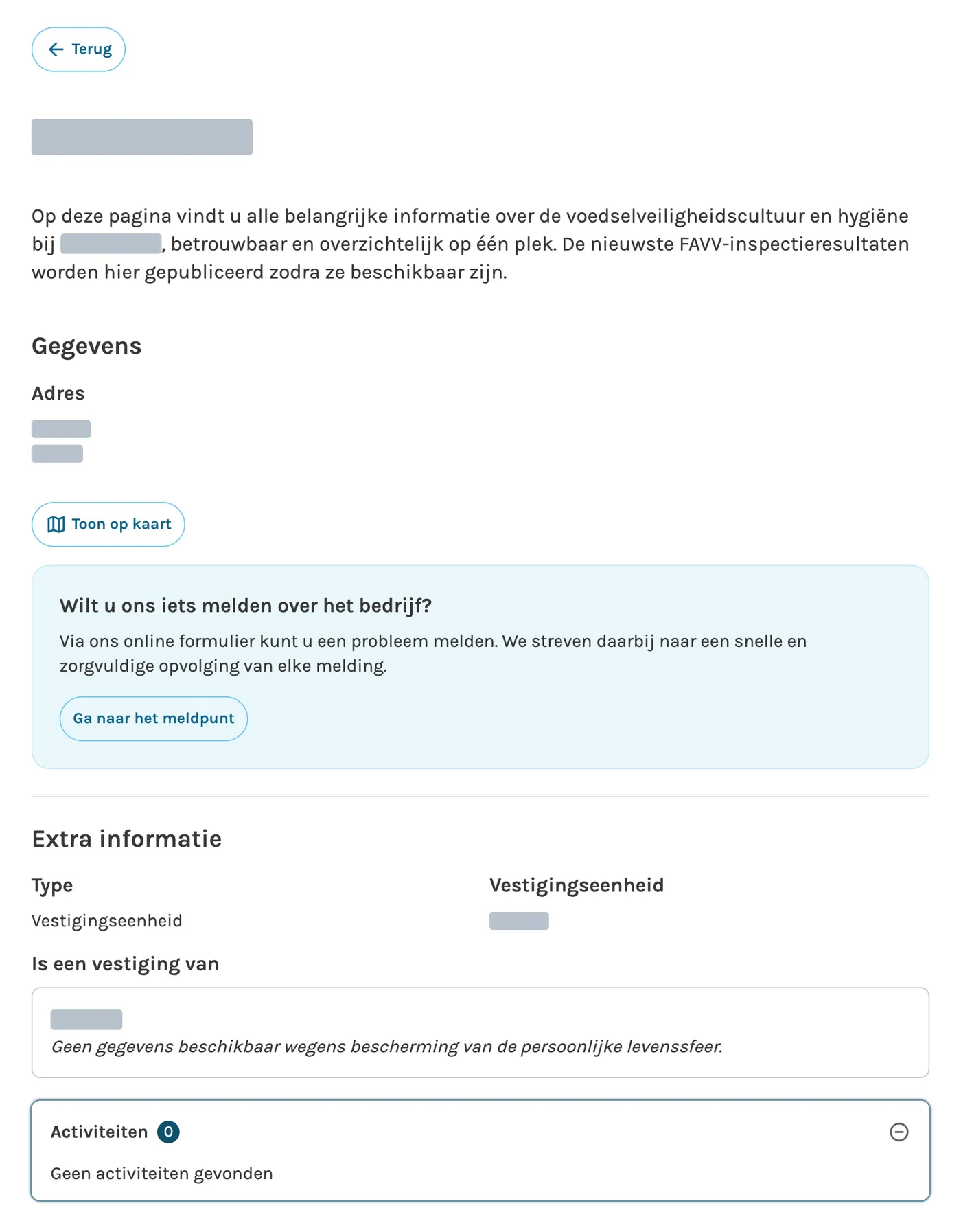 Een FAVV-fiche met gemaskeerde naam en adres, waarvan het onderdeel Activiteiten ‘Geen activiteiten gevonden’ toont