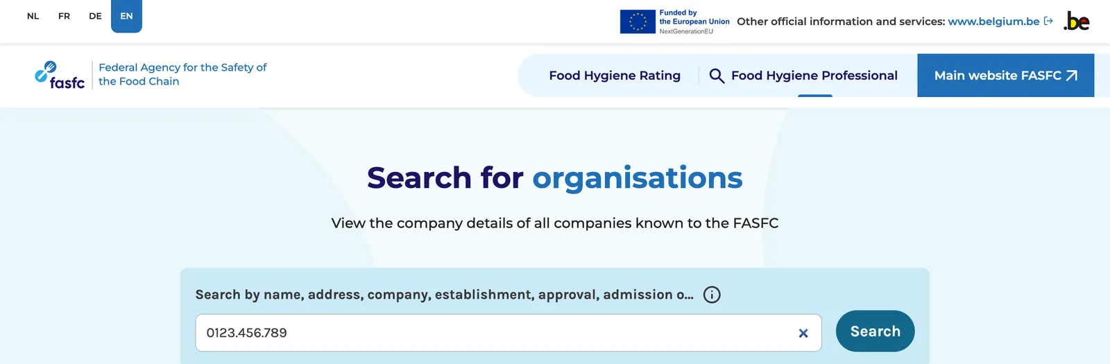 The Food Hygiene Professional search on the AFSCA website, with a company number in the search box