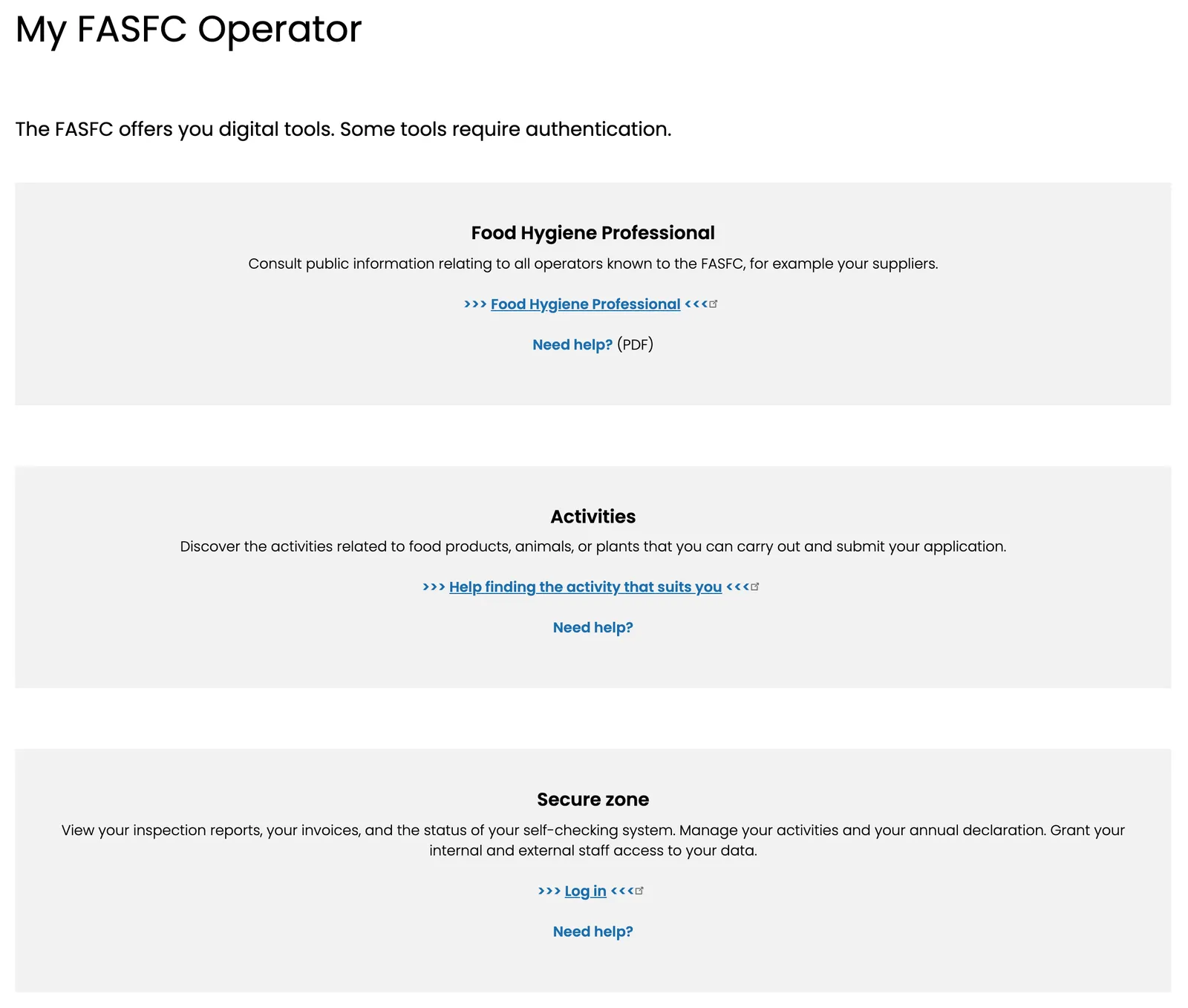 The My FASFC Operator page with its Food Hygiene Professional, Activities and Secure zone sections
