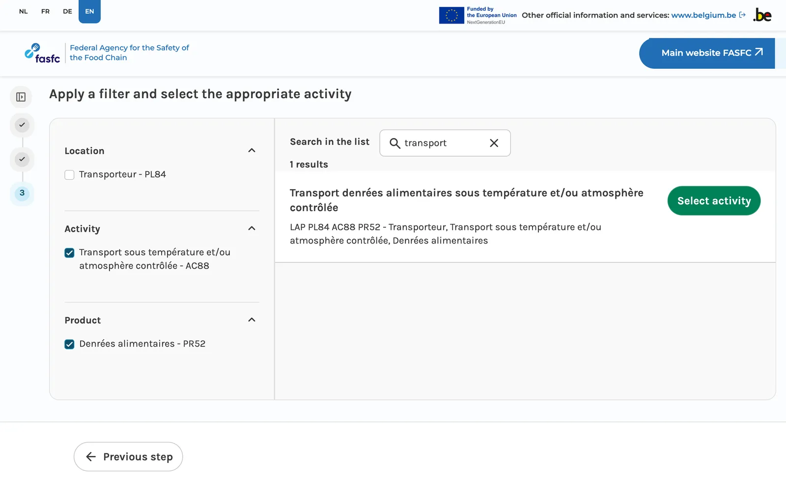 The AFSCA activity finder, filtered on temperature-controlled transport and food: a single result