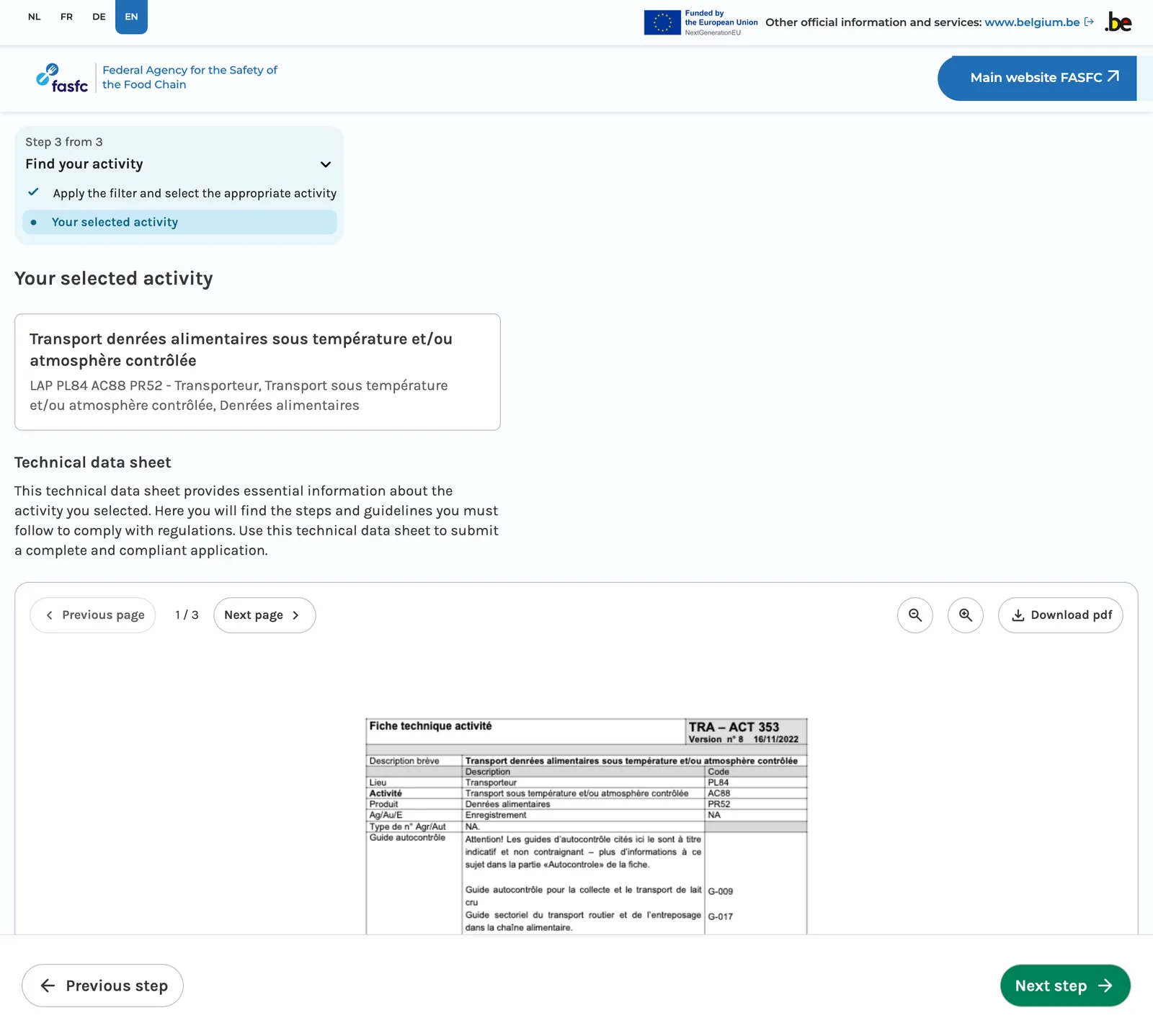 The TRA – ACT 353 technical sheet shown in the AFSCA tool, with the Download pdf button