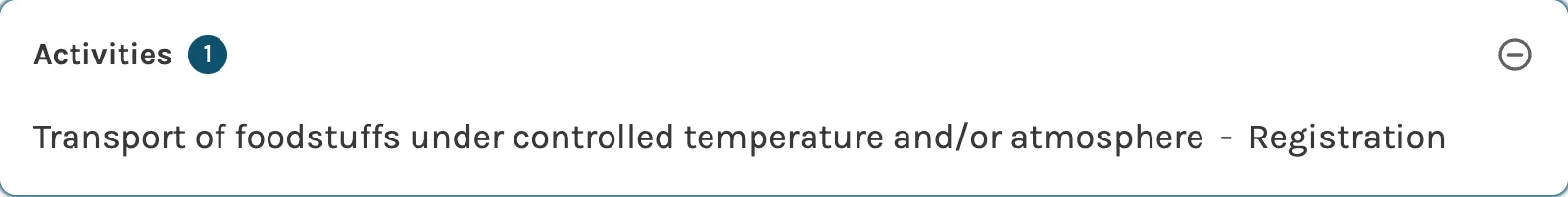 The Activities section of an AFSCA company page, showing the temperature-controlled transport activity
