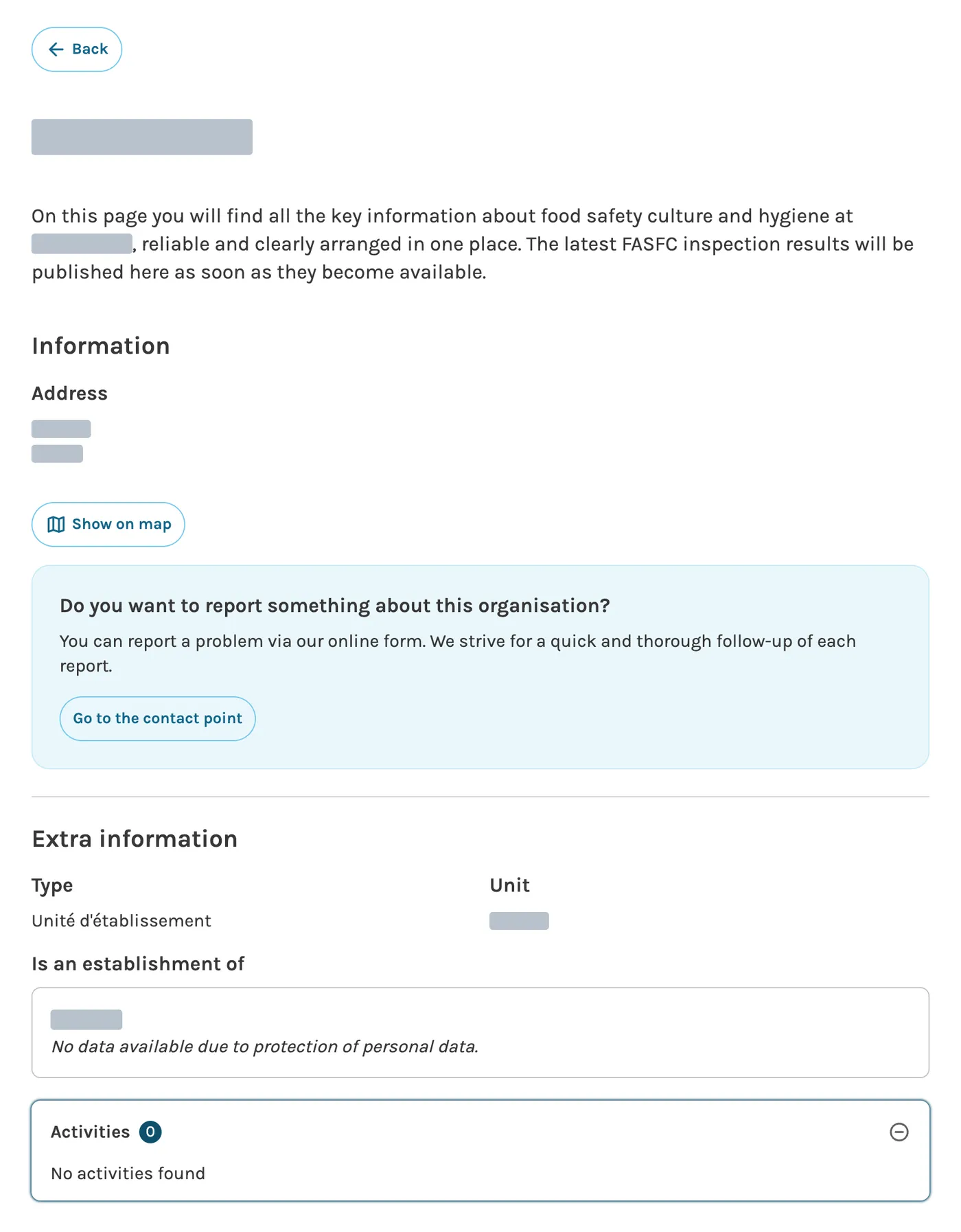 An AFSCA company page with its name and address masked, whose Activities section says No activities found