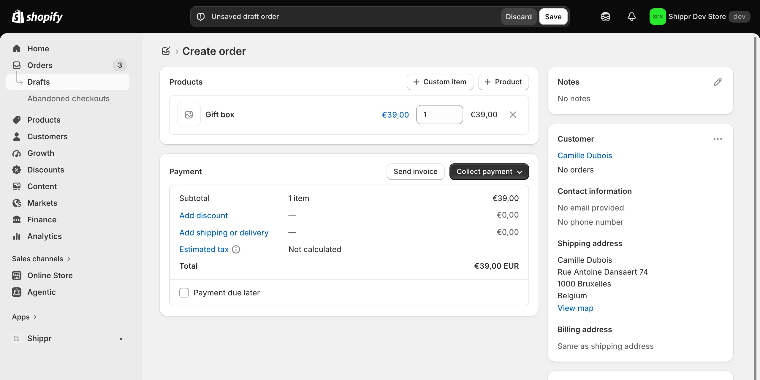 The order creation screen in the Shopify admin.