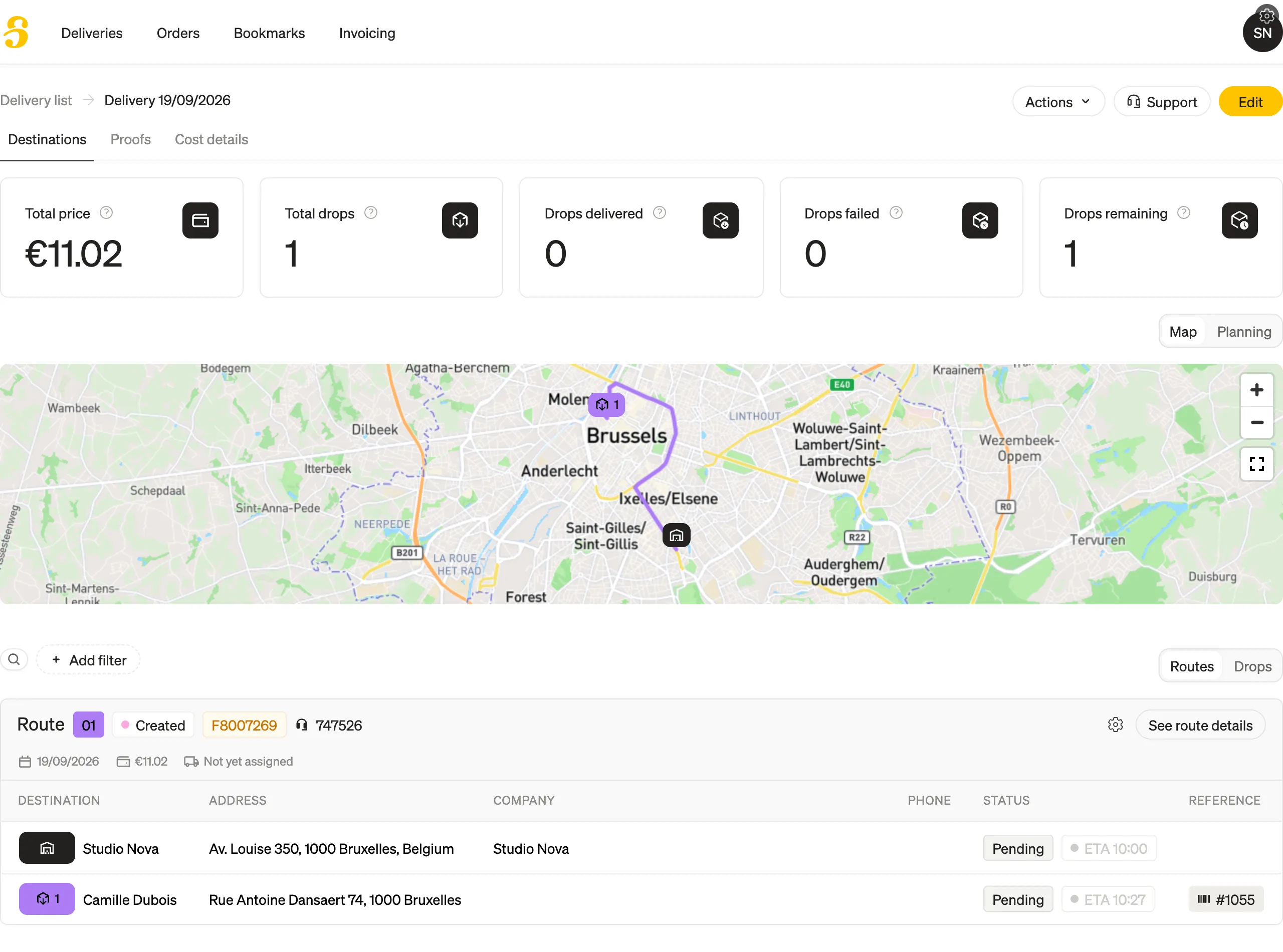 The Shippr dashboard, with the delivery that has just been created.