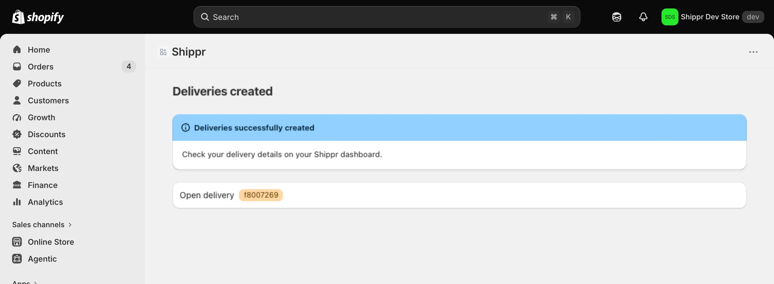 The Shopify confirmation that the delivery has been created.